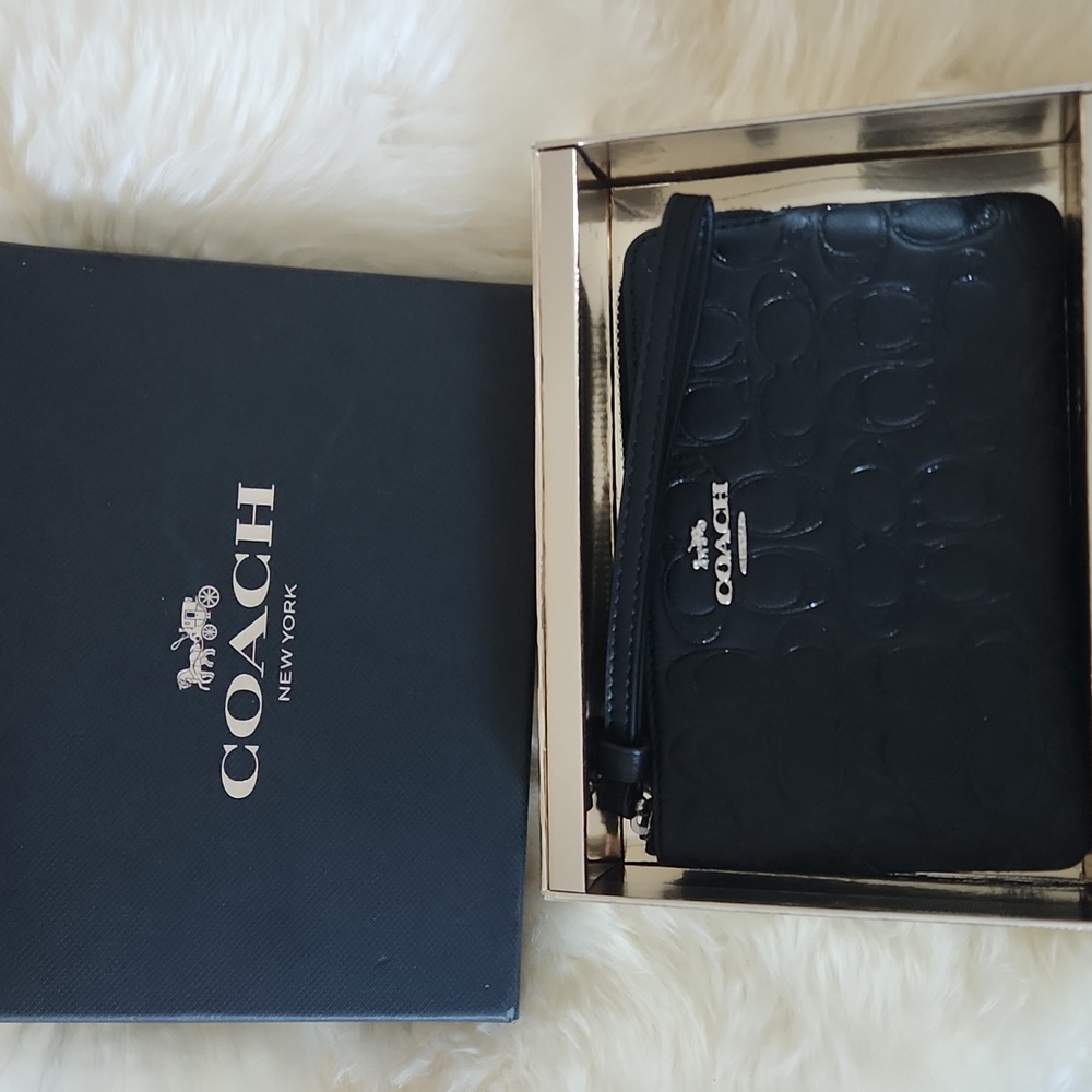 NWT IOB Coach Boxed Glitter Leather Signature Corner Zip Wristlet Wallet 🖤🎁🩶 - Picture 13 of 16